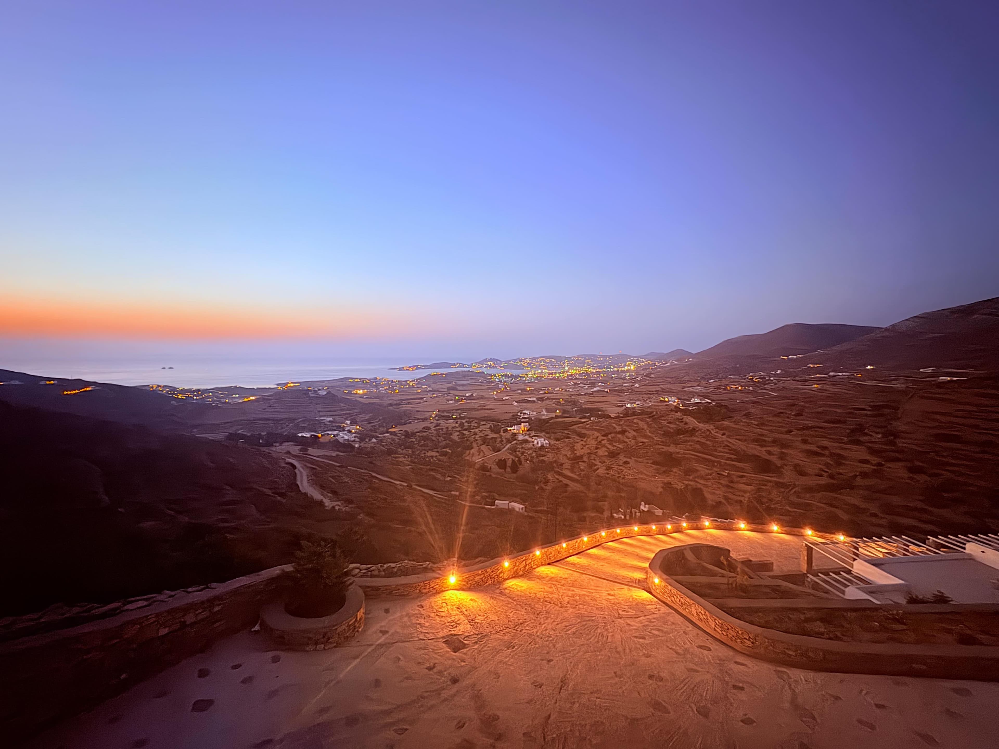 Dusk panorama over Parikia bay from Theasis Paros